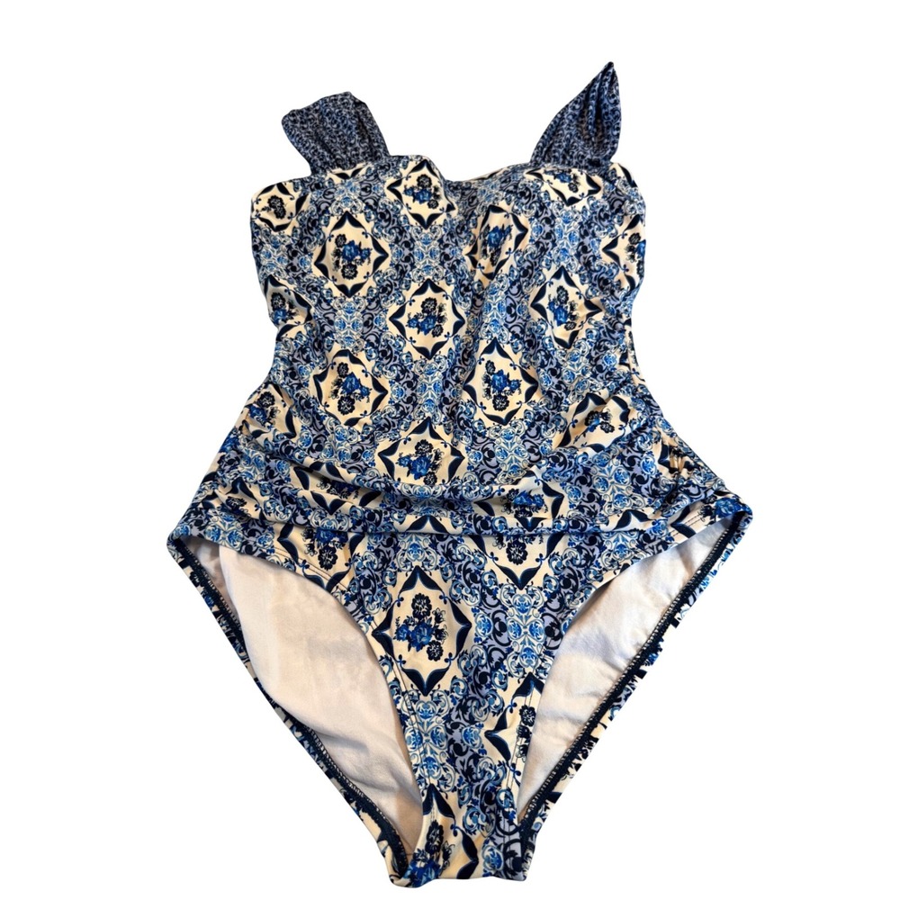 Blue White Tile Floral Print One Piece Swimsuit Ruched Straps Sweetheart Neck